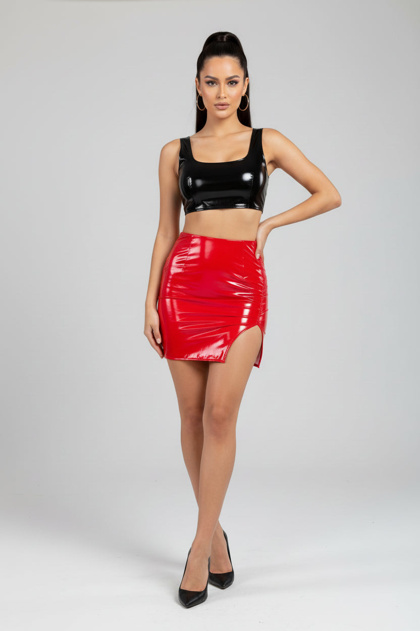 LATEX MINI SKIRT WITH SIDE SLIT AND BACK ZIPPER IN BLACK