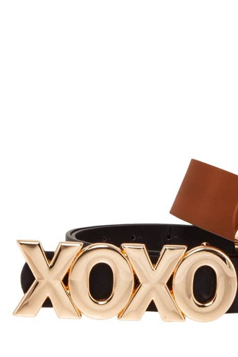 Long and Stacked XOXO Buckle Duo Belt Set: Cognac