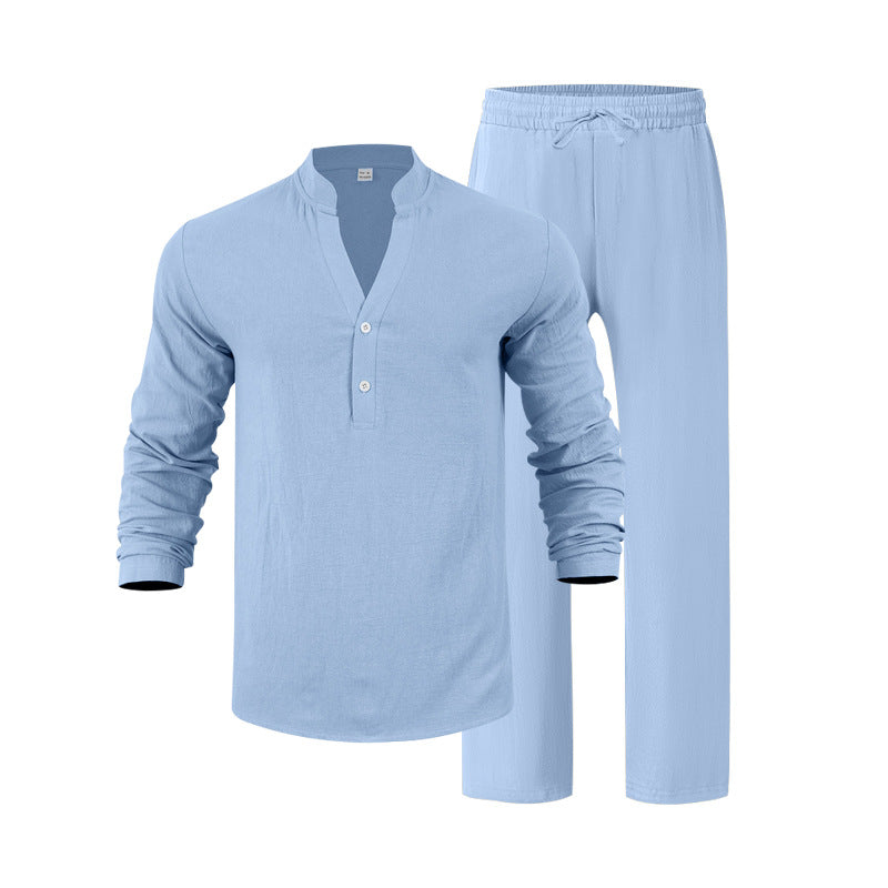 Linen Men's Loose Casual Breathable V-Neck Henley Shirt Long-Sleeve Long Pants Set