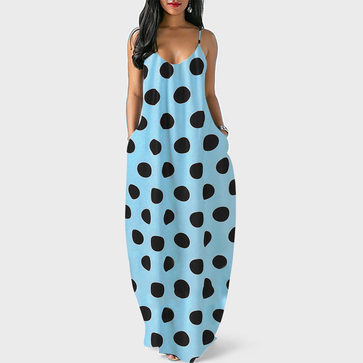 Amazon European And American Clothing Summer Independent Station Ebay Plus Size Women's Digital Printed Polka Dot V Neck Suspender Long Skirt