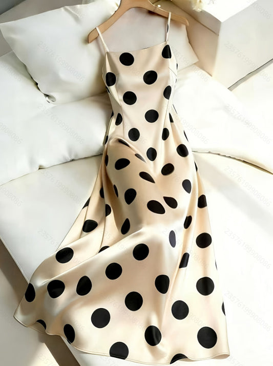 European And American Cross-Border Women's Summer Simple And Elegant Satin Polka Dot Waist-Cinching Long Strap Dress Suitable For Dates