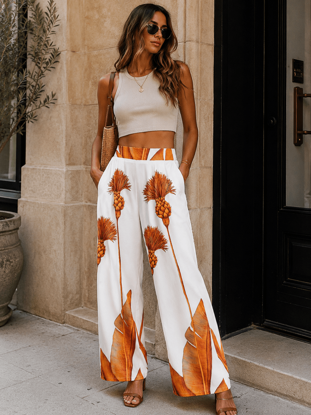 Pantalones multi estampado de pierna ancha con bolsillos delanteros y cintura elástica para mujer
