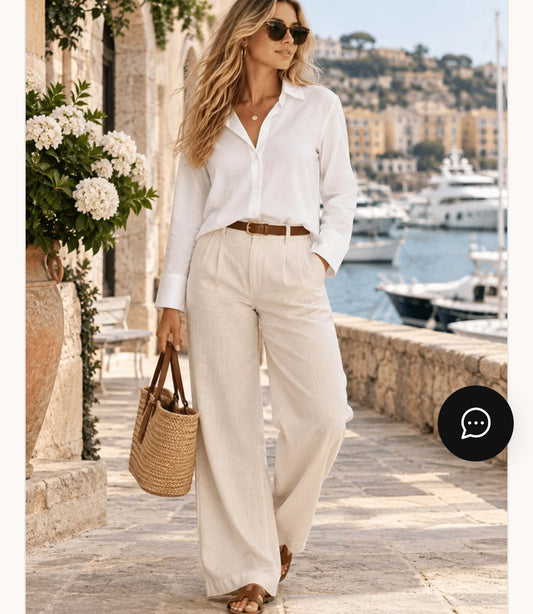 Blusa de lino con botones y manga larga para mujer