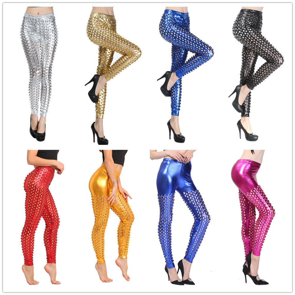 9612 Factory Direct Supply European And American Style Rock Metal Ripped Shiny Leather Fish Scale Pattern Leggings Sexy