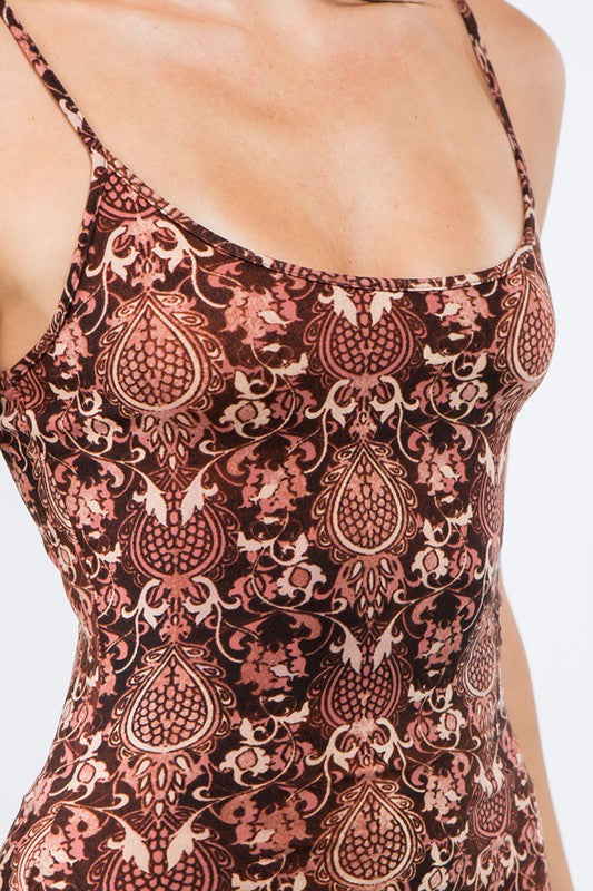 Baroque Print Sleeveless Mini Dress Round Neck