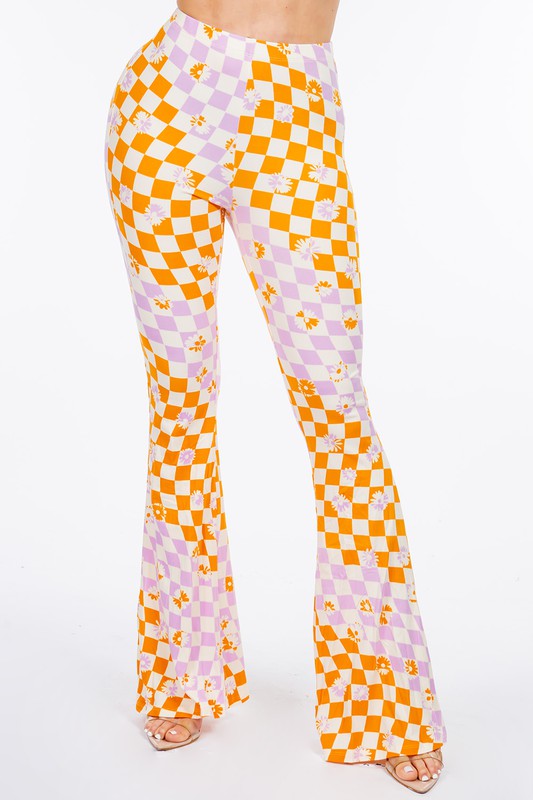 LONG FLORAL FLARED WAVY ANTALON IN CHECKS. 2 COLOR