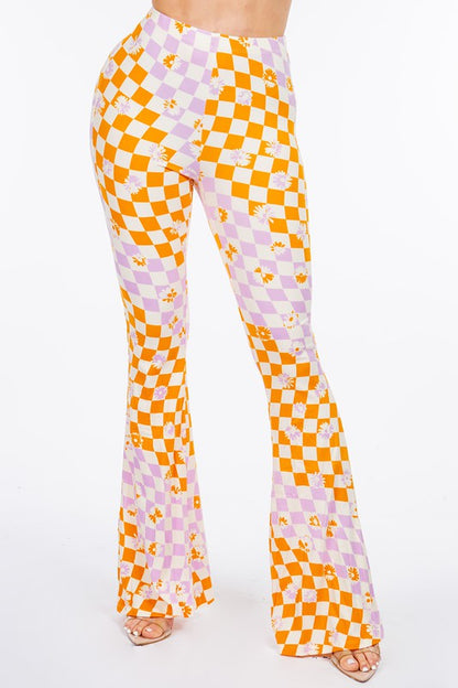 LONG FLORAL FLARED WAVY ANTALON IN CHECKS. 2 COLOR