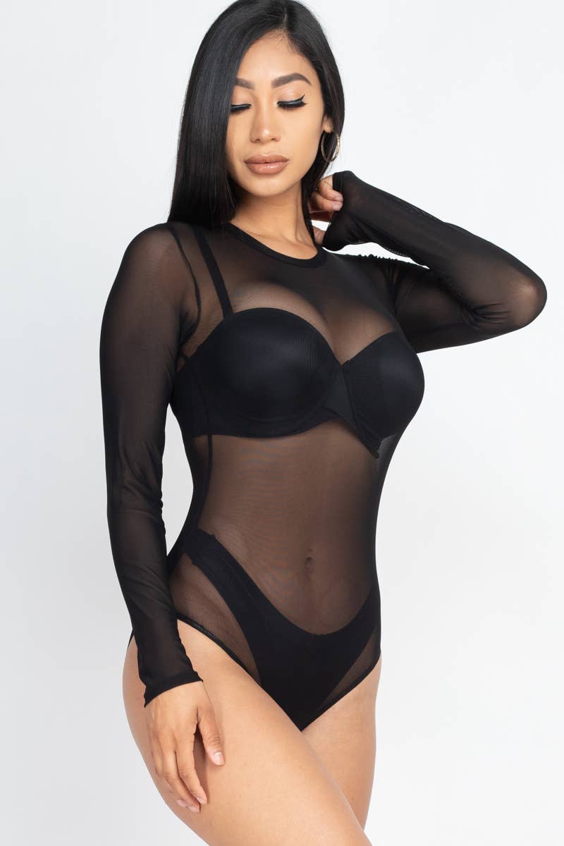 Mesh Sheer Long Sleeves Bodysuit: Rust / M