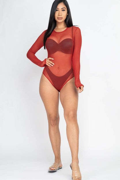 Mesh Sheer Long Sleeves Bodysuit: Khaki / S