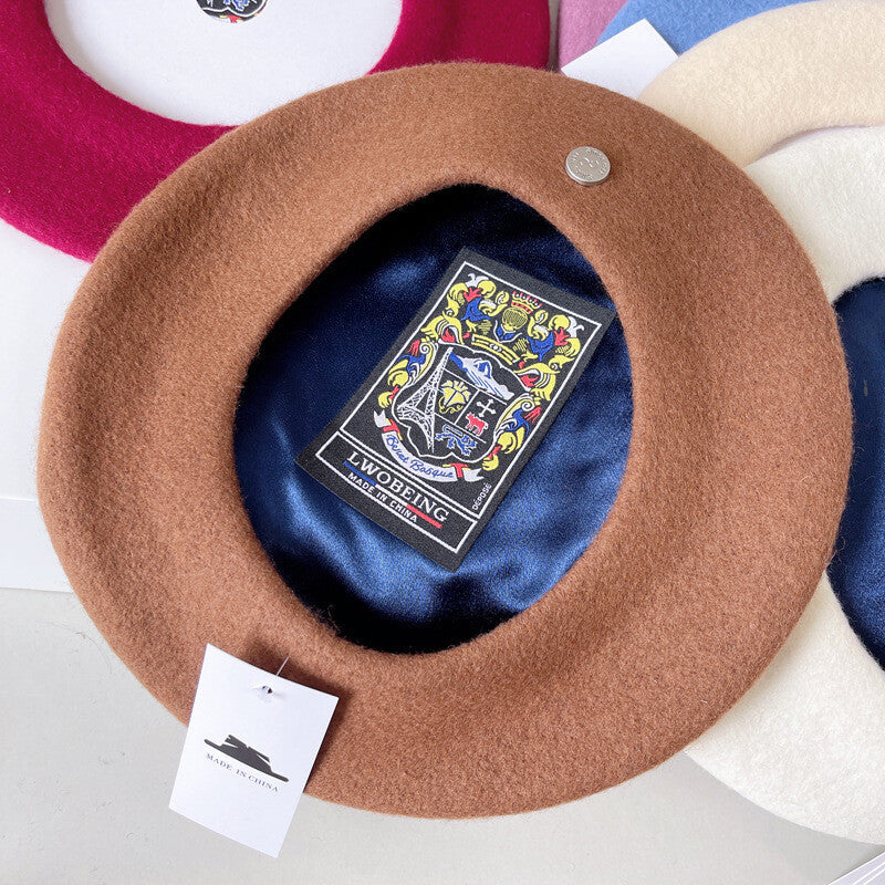 Spanish Wool Beret Hat Female Elegant French Painter Hat Badge Satin Lined British Retro Stewardess Hat