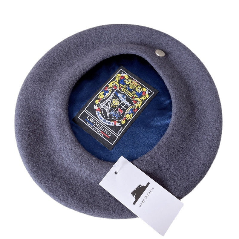 Spanish Wool Beret Hat Female Elegant French Painter Hat Badge Satin Lined British Retro Stewardess Hat