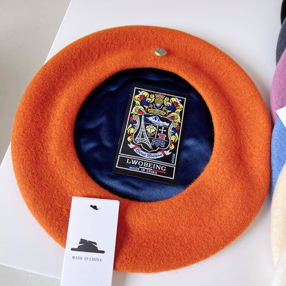 Spanish Wool Beret Hat Female Elegant French Painter Hat Badge Satin Lined British Retro Stewardess Hat