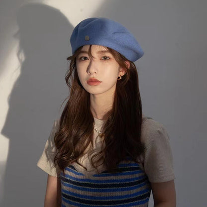 Spanish Wool Beret Hat Female Elegant French Painter Hat Badge Satin Lined British Retro Stewardess Hat