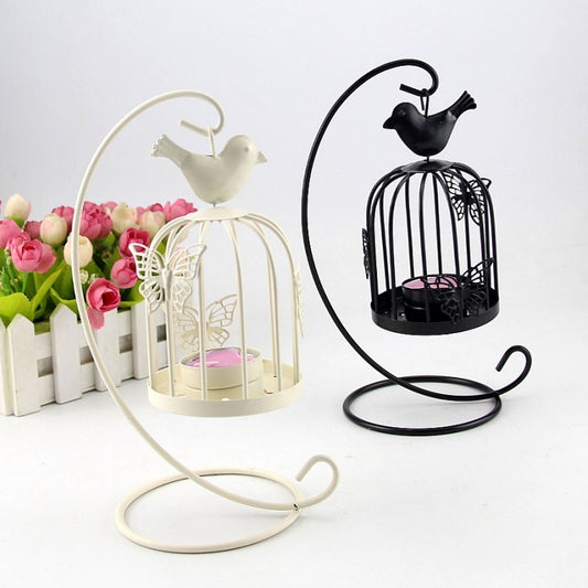 Candelero de metal de pájaro de mariposa de linterna de viento de jaula de pájaro de hierro forjado de estilo europeo