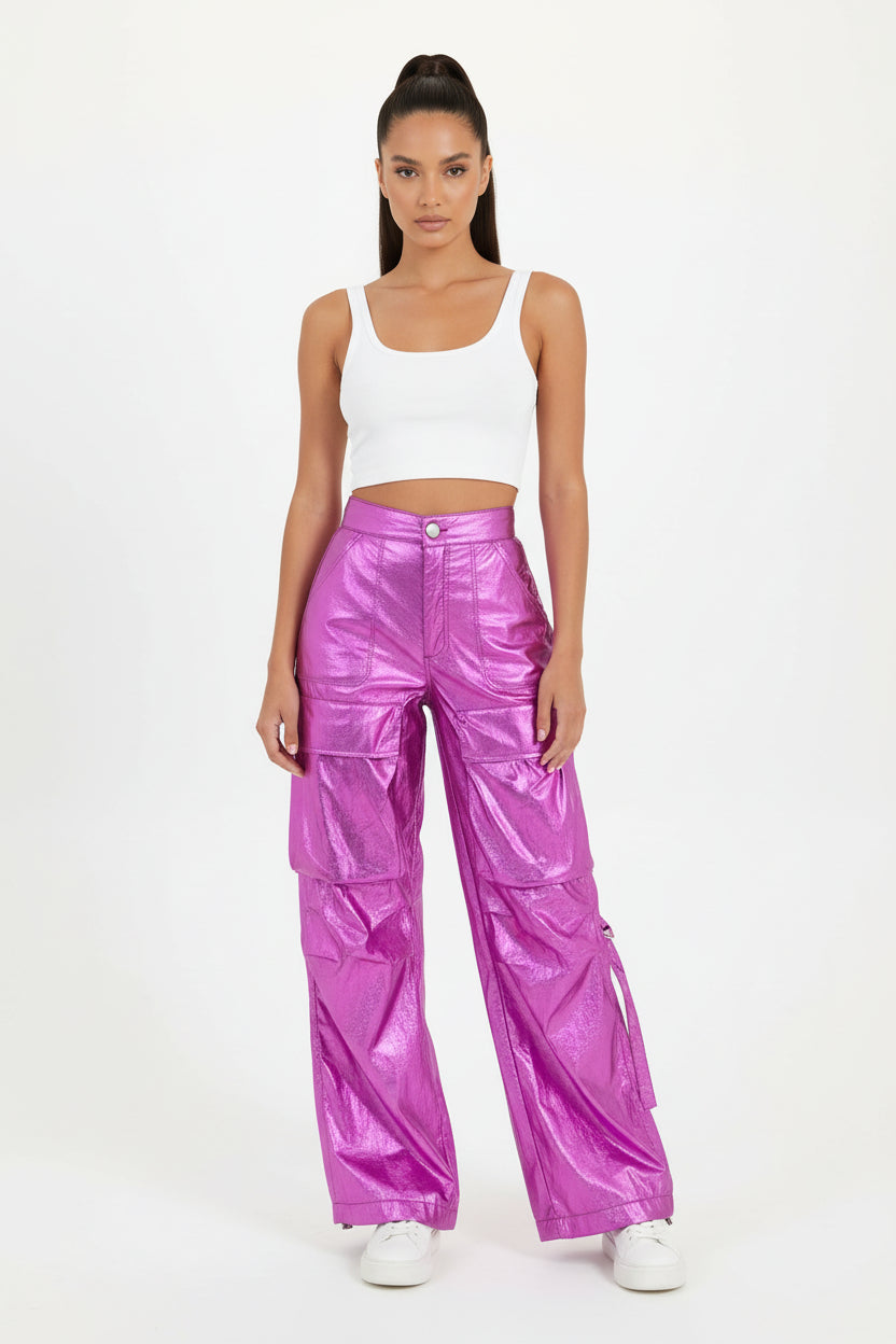 Metallic pink cargo pants fashion at your finge tips 100% NYLON MEDE IN CHINA (Copia)