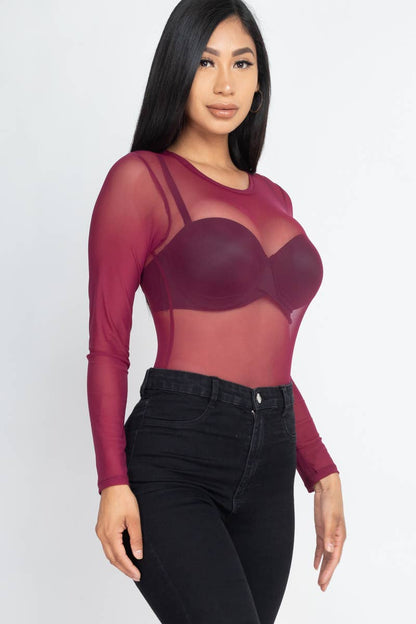 Mesh Sheer Long Sleeves Bodysuit: Rust / S