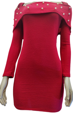 Red Long Sleeve Mini Dress Round Neck