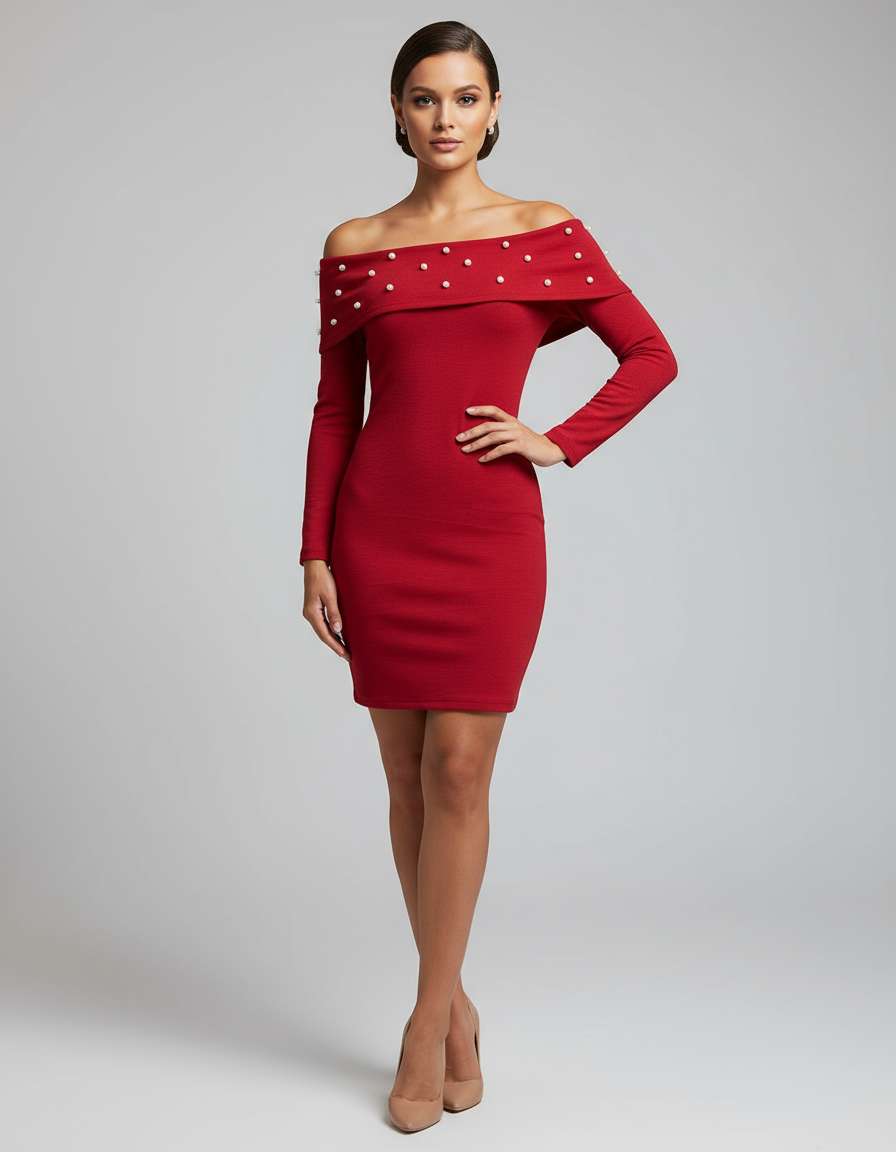Red Long Sleeve Mini Dress Round Neck