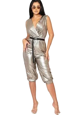 METALLIC FOIL WINDBREAKER / SURPLICE TOP / ELASTIC WAIST BAND / BUCKLE DETAILED