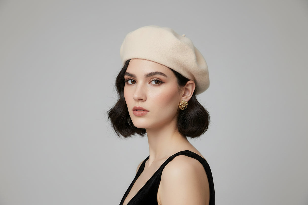 Spanish Wool Beret Hat Female Elegant French Painter Hat Badge Satin Lined British Retro Stewardess Hat Off-White M (56-58cm)