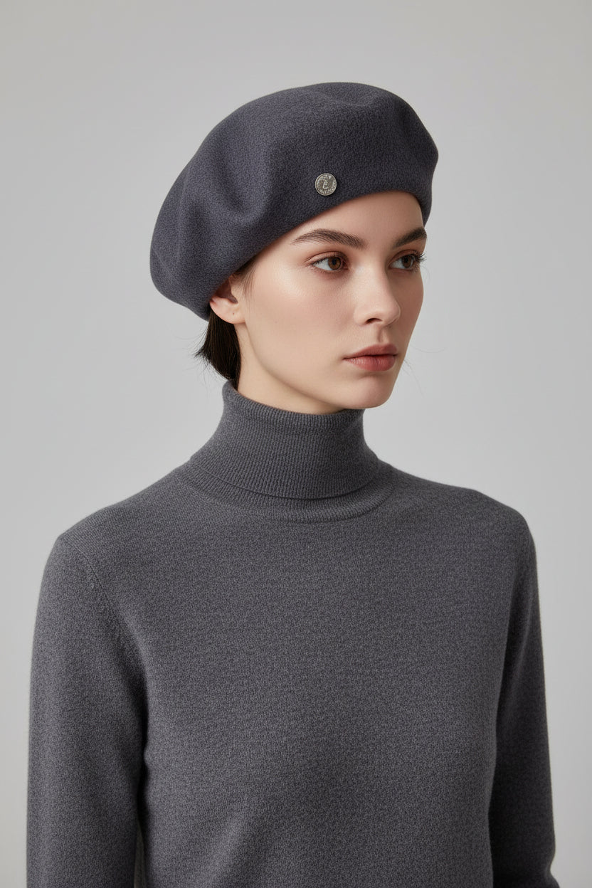 Spanish Wool Beret Hat Female Elegant French Painter Hat Badge Satin Lined British Retro Stewardess Hat Off-White M (56-58cm)