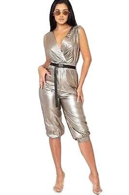 METALLIC FOIL WINDBREAKER / SURPLICE TOP / ELASTIC WAIST BAND / BUCKLE DETAILED
