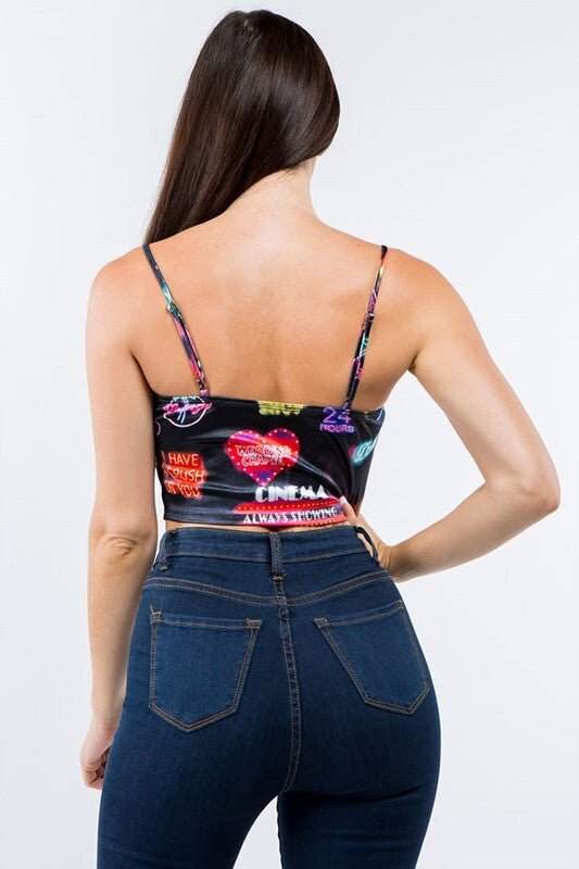 ​NEON SIGN PRINTED SATIN CROP TOP.