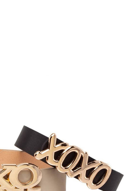 Stacked and Elongated XOXO Buckle Duo Belt Set: Khaki