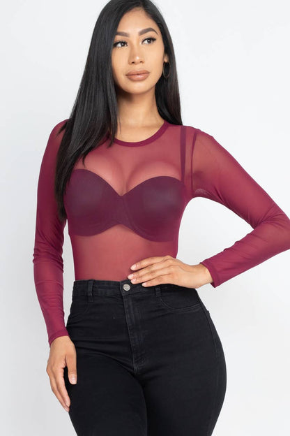Mesh Sheer Long Sleeves Bodysuit: Black / M