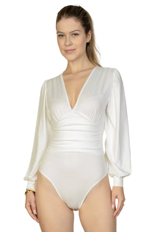 Plunge Neck Peasant Sleeve Bodysuit: WHITE / S