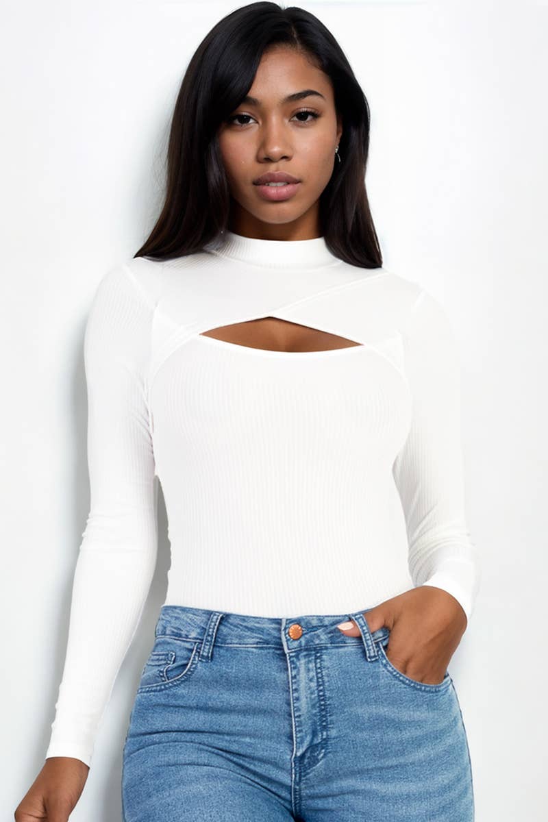 Front Cutout Long Sleeve Bodysuit: Navy / S