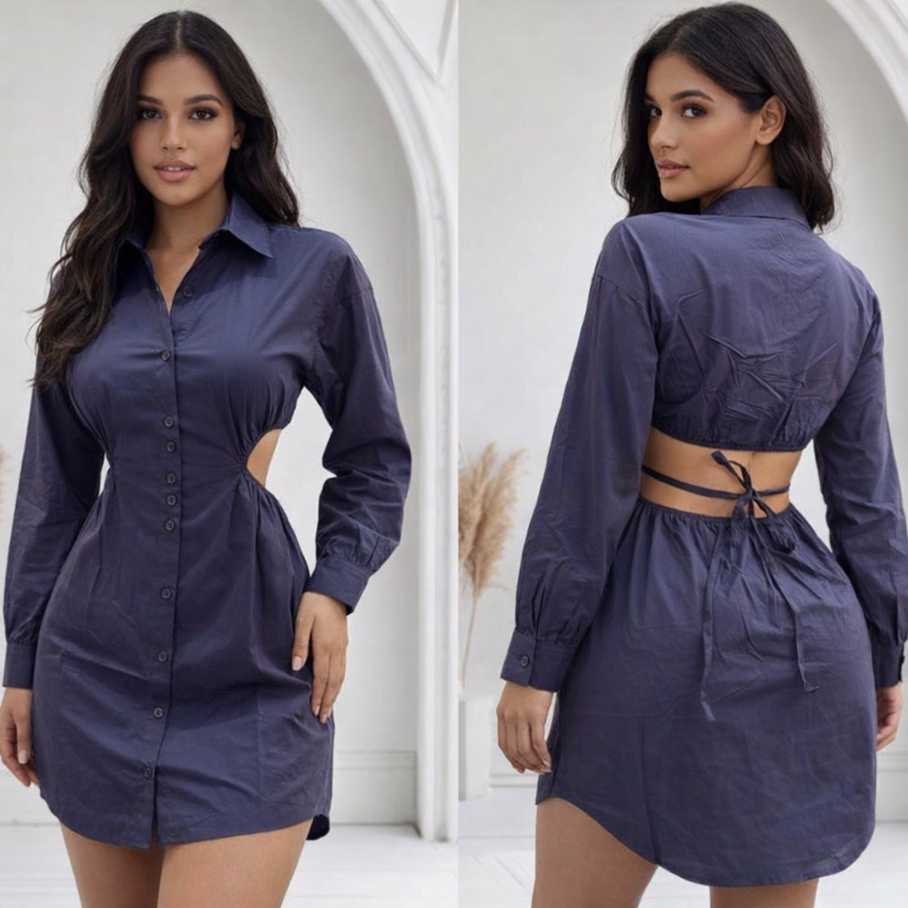 Blue Long Sleeve Backless Neckline Dress