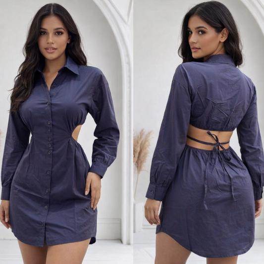 Blue Long Sleeve Backless Neckline Dress