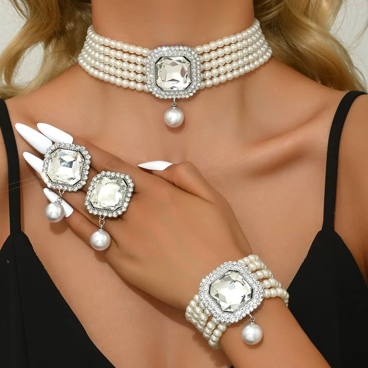 High-end Fashion Multi-row Colorful Bracelet Necklace Earrings Ring Green Set