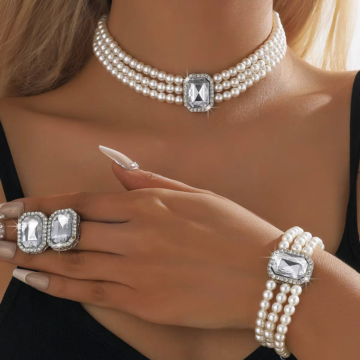 High-end Fashion Multi-row Colorful Bracelet Necklace Earrings Ring Green Set