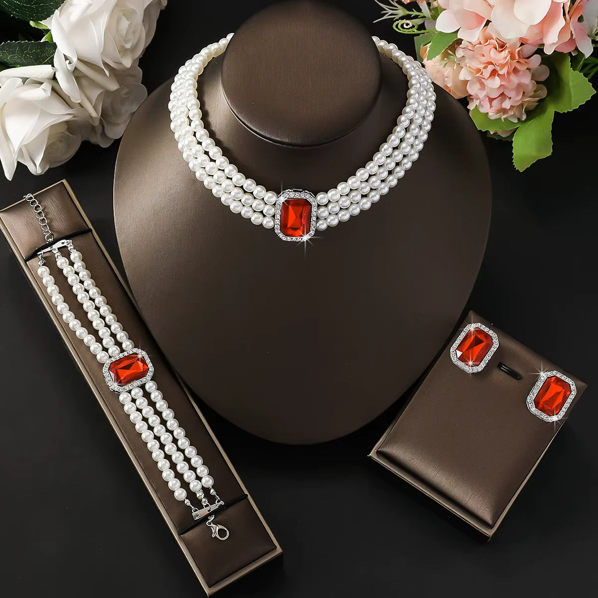 High-end Fashion Multi-row Colorful Bracelet Necklace Earrings Ring Green Set