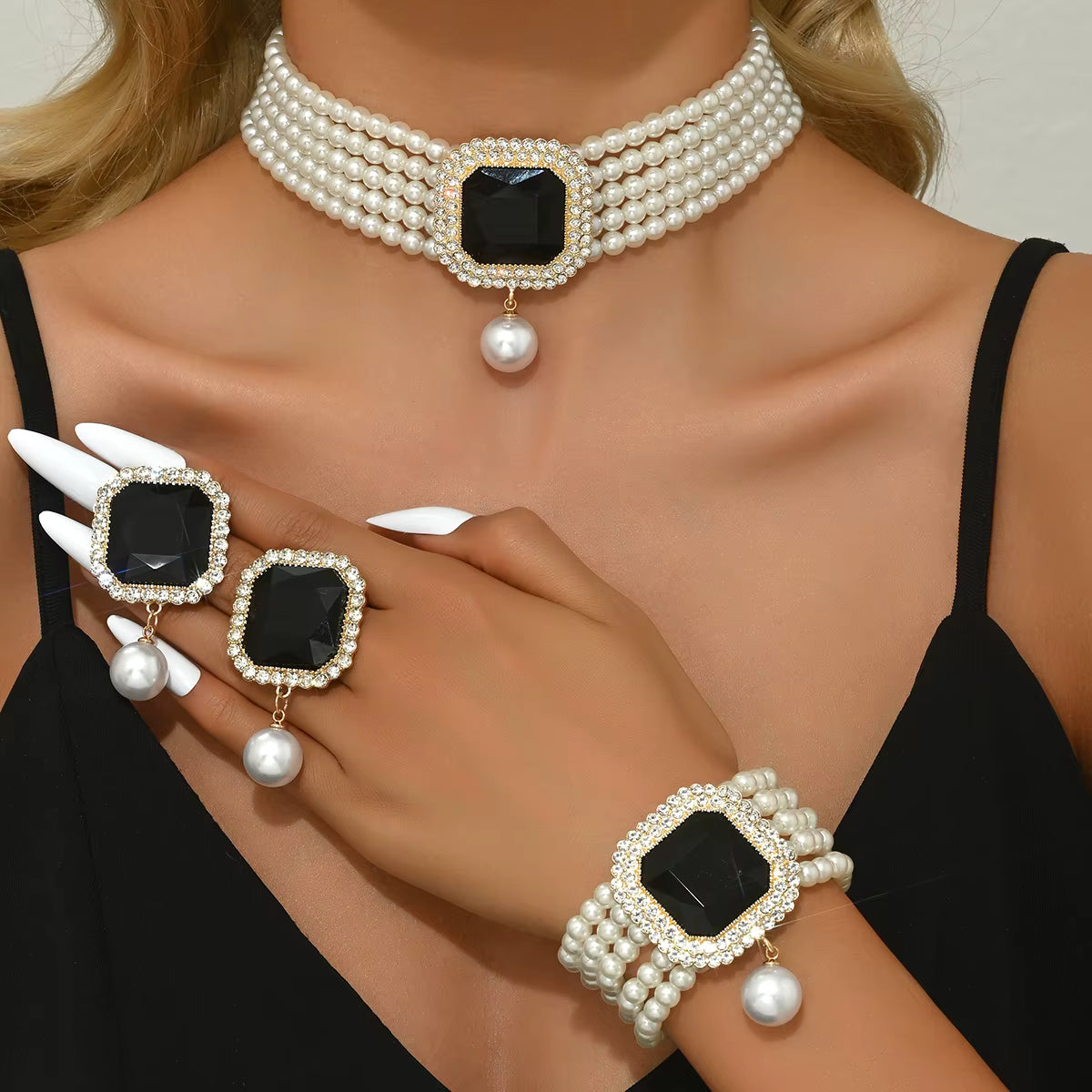 High-end Fashion Multi-row Colorful Bracelet Necklace Earrings Ring Green Set