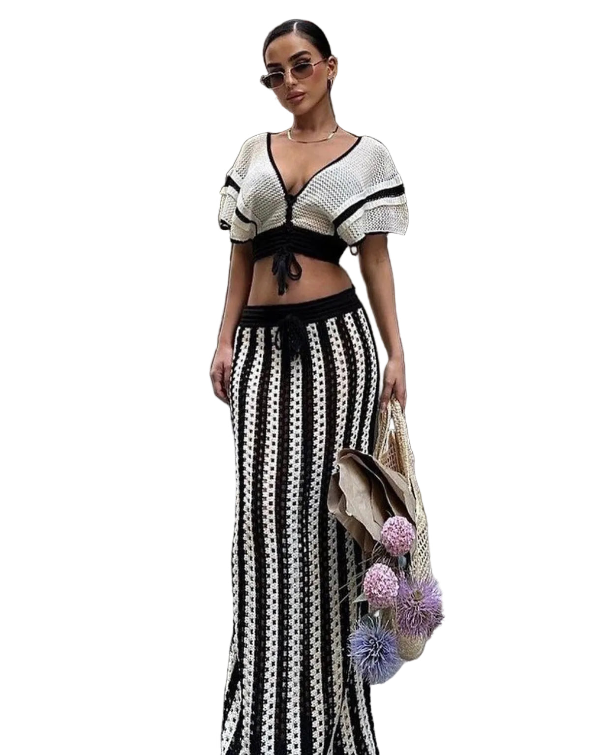 Striped Knitted Women's Long Skirt Set