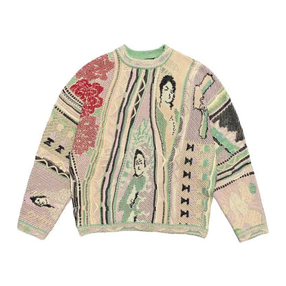 Autumn And Winter New Retro Fashion National Trend Casual Thick Knit Sweatshirt 3D Digital Print Men's Crew Neck Sweatshirt Cross-Border
