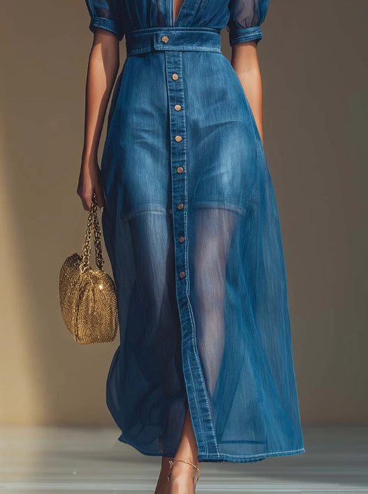 Exquisita y moderna chaqueta de manga corta con cuello en V y botones delanteros, falda larga de mezclilla sintética azul de organza