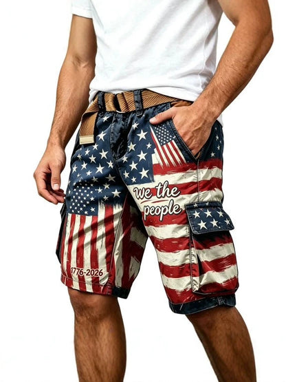 26 American Retro Fashion 3D Printed Work Shorts For Men, Summer Loose Trendy High Street Casual Multi-Pocket Knee-Length Shorts