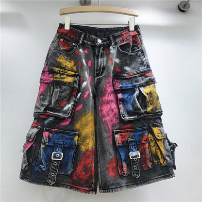 American Style High Street Trendy Hand-Painted Graffiti Jeans High Street Hip-Hop Loose Casual Five-Fit Jeans Trendy