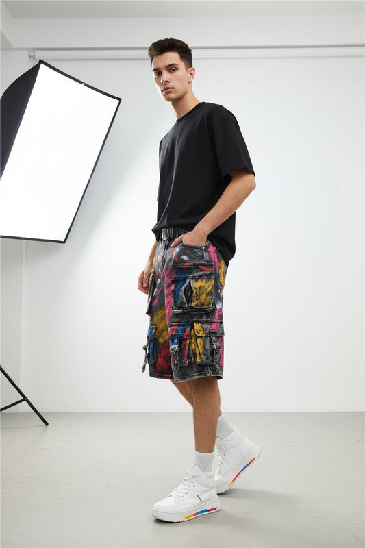 American Style High Street Trendy Hand-Painted Graffiti Jeans High Street Hip-Hop Loose Casual Five-Fit Jeans Trendy