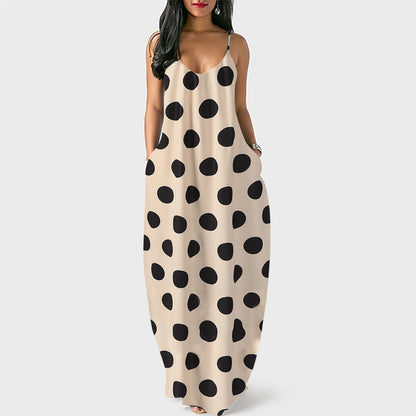 Amazon European And American Clothing Summer Independent Station Ebay Plus Size Women's Digital Printed Polka Dot V Neck Suspender Long Skirt