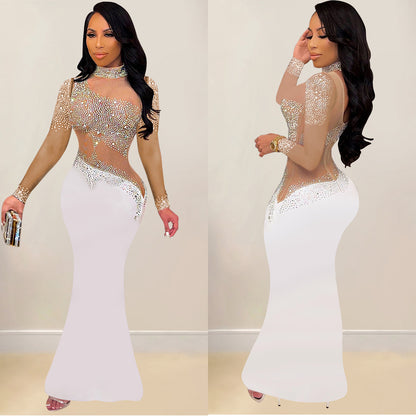 C7025 Cross-border AliExpress Amazon Independent Station European And American Fashion Women's New Rhinestone Round Neck Dress Long