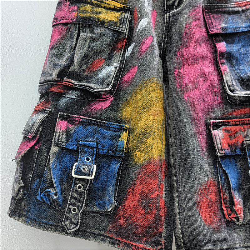 American Style High Street Trendy Hand-Painted Graffiti Jeans High Street Hip-Hop Loose Casual Five-Fit Jeans Trendy