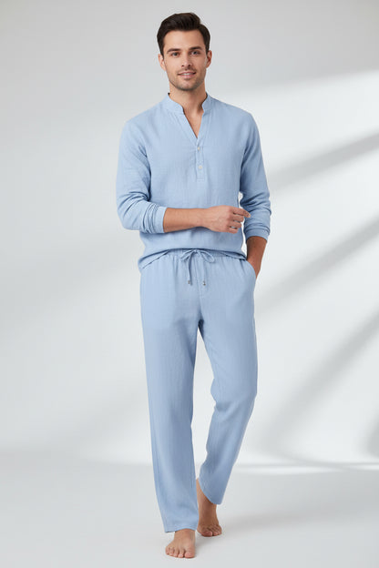 Linen Men's Loose Casual Breathable V-Neck Henley Shirt Long-Sleeve Long Pants Set