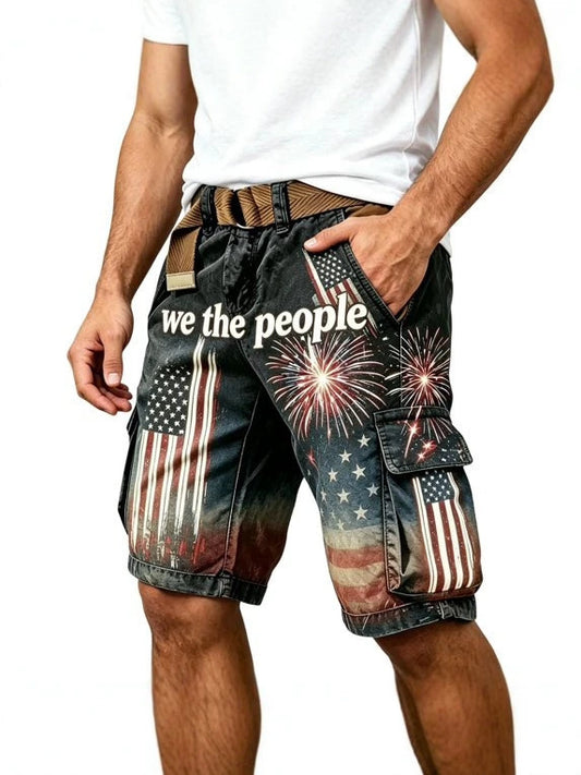 26 American Retro Fashion 3D Printed Work Shorts For Men, Summer Loose Trendy High Street Casual Multi-Pocket Knee-Length Shorts