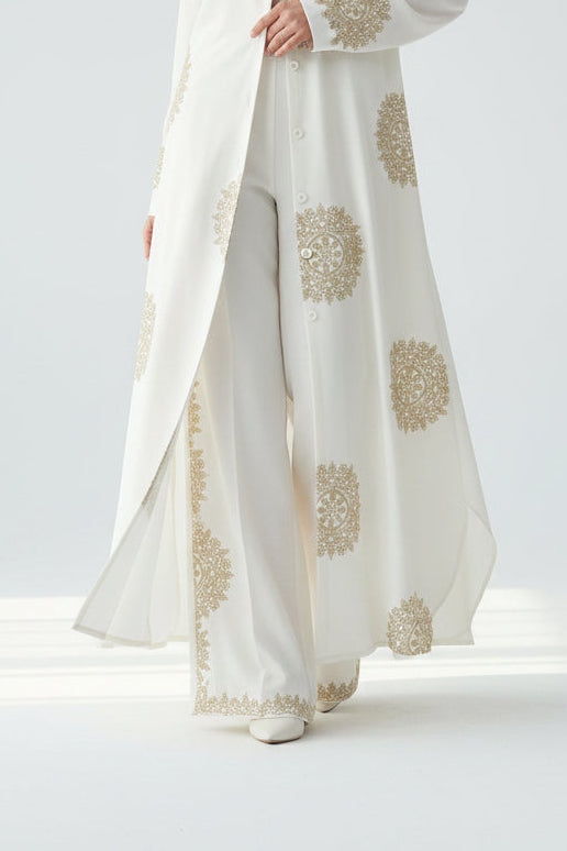 Polyester V-Neck Top + Printed Wide-Leg Pants Two-Piece Set