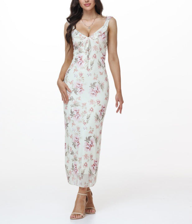 New Women's Clothing Sexy Low-Cut Hottie Vacation Style Retro Printed Slim-Fitting Suspender Dress